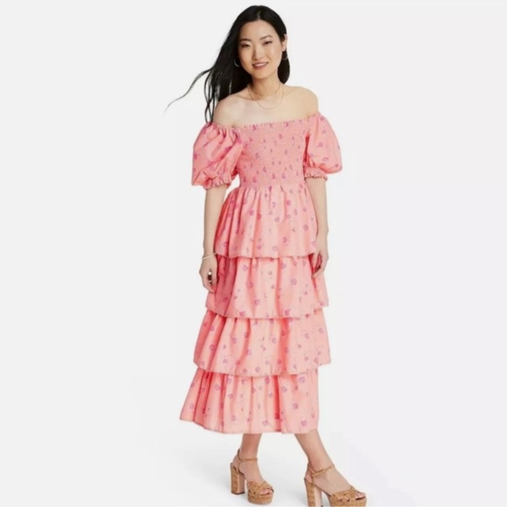 LoveShackFancy Pink Tiered Off-Shoulder Midi Dress